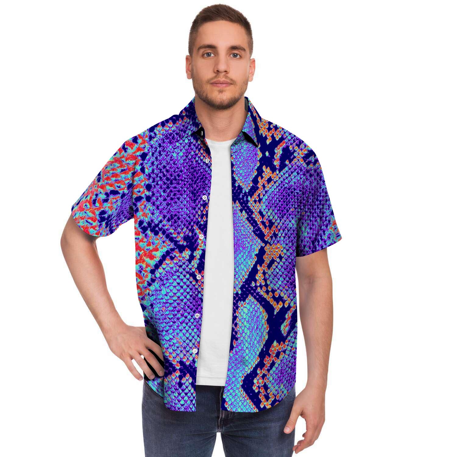 Colorful Snakeskin Print Men's Short Sleeve Shirt-grizzshop