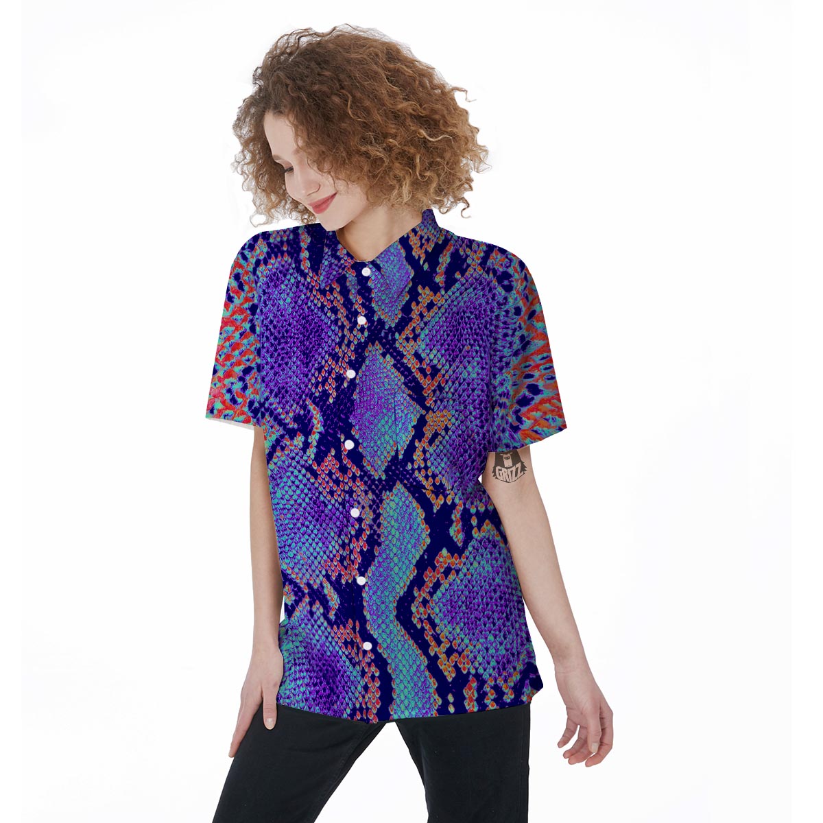 Colorful Snakeskin Print Women's Short Sleeve Shirts-grizzshop