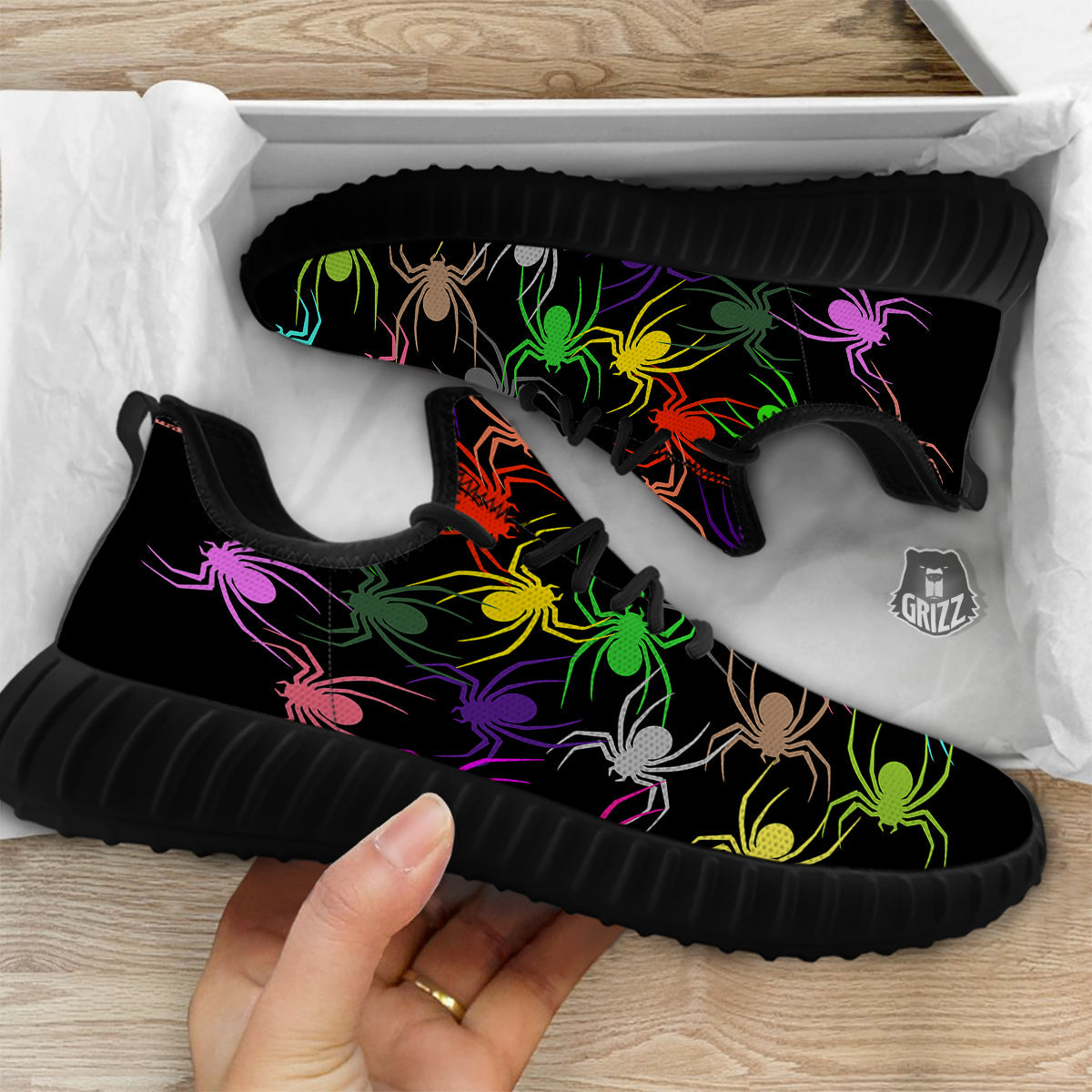 Colorful Spider And Spiral Web Print Black Walking Shoes-grizzshop