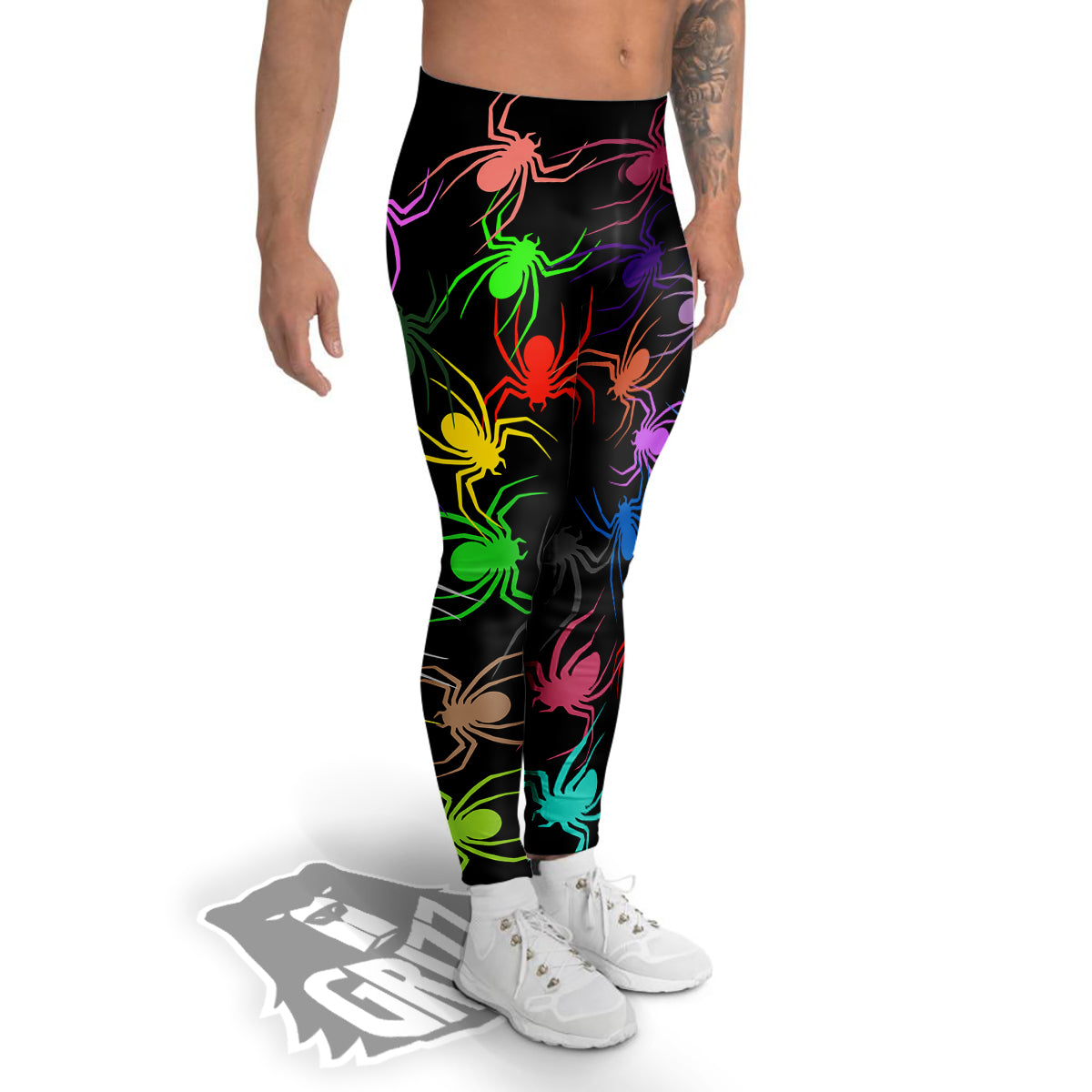 Colorful Spider And Spiral Web Print Men's Leggings-grizzshop