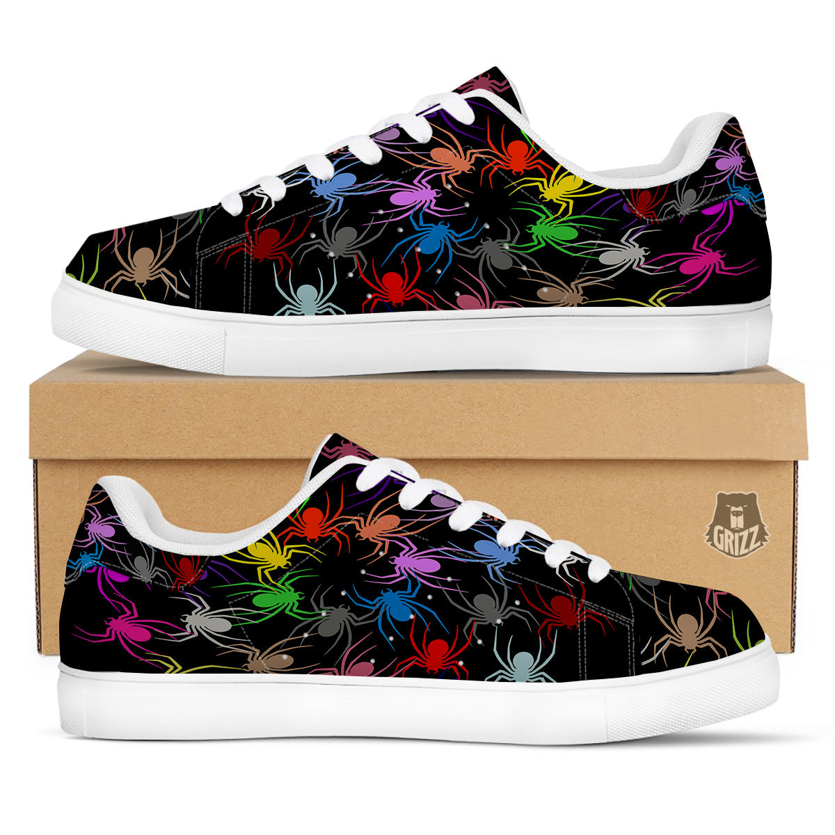 Colorful Spider And Spiral Web Print White Low Top Sneakers-grizzshop