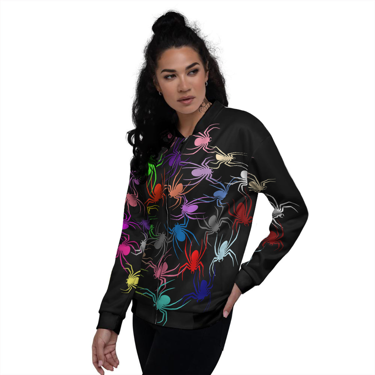 Colorful Spider And Spiral Web Print Women's Bomber Jacket-grizzshop