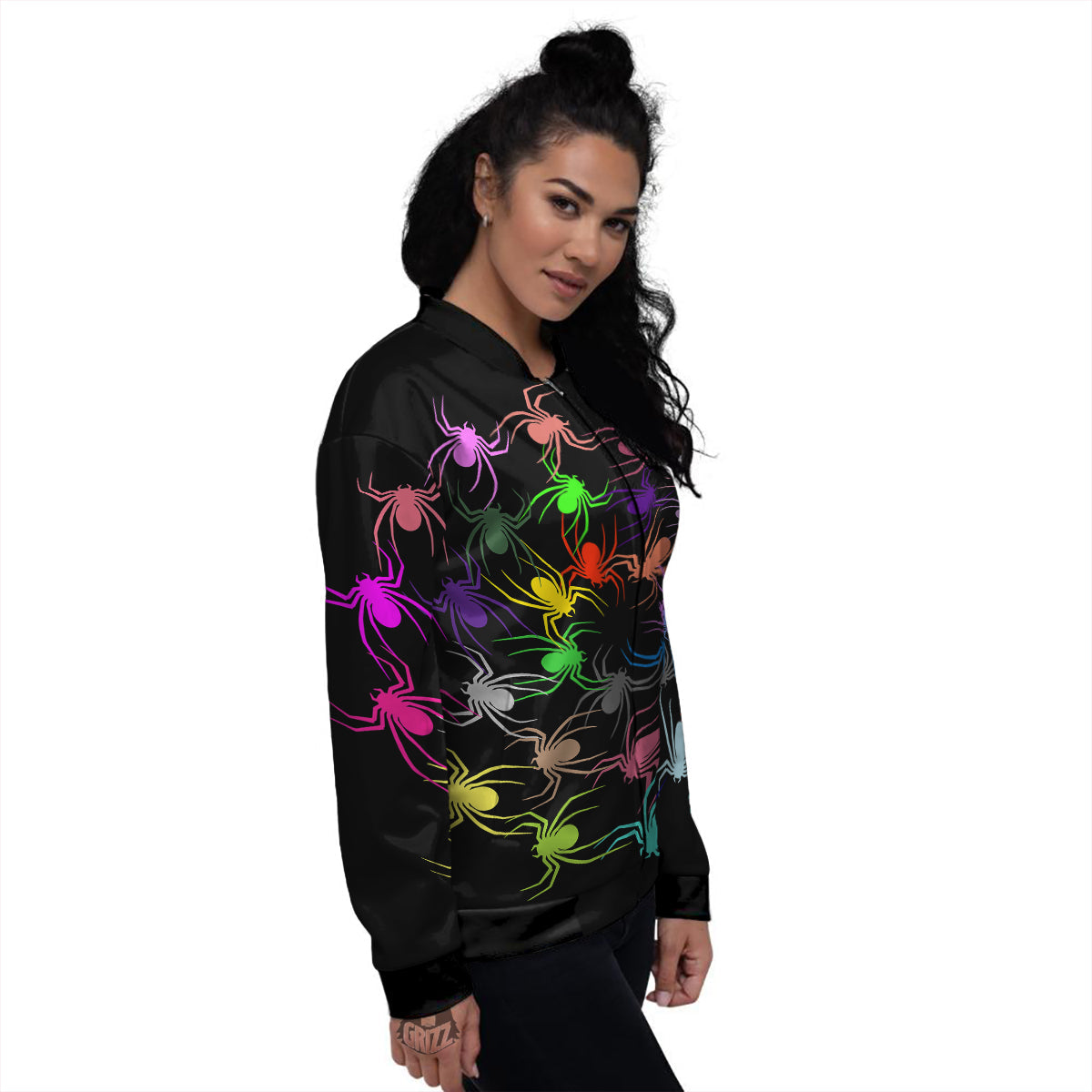 Colorful Spider And Spiral Web Print Women's Bomber Jacket-grizzshop