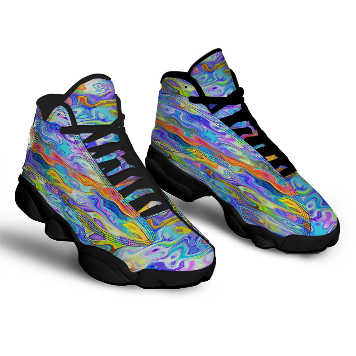 Colorful Tie Dye Wavy Hippie Print Black Basketball Shoes-grizzshop