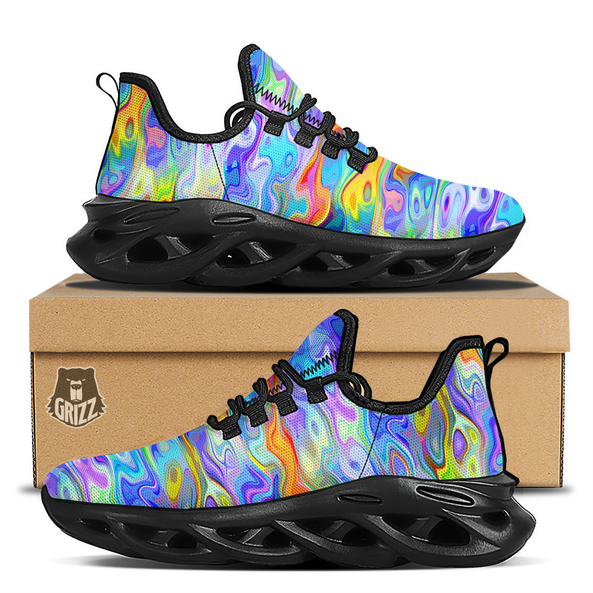 Colorful Tie Dye Wavy Hippie Print Black Running Shoes-grizzshop