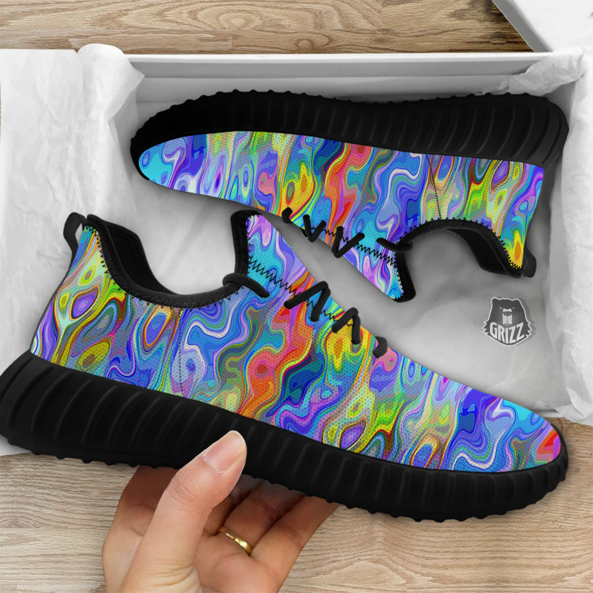 Colorful Tie Dye Wavy Hippie Print Black Walking Shoes-grizzshop