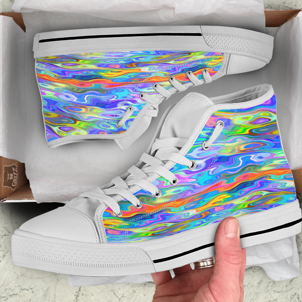 Colorful Tie Dye Wavy Hippie Print White High Top Shoes-grizzshop