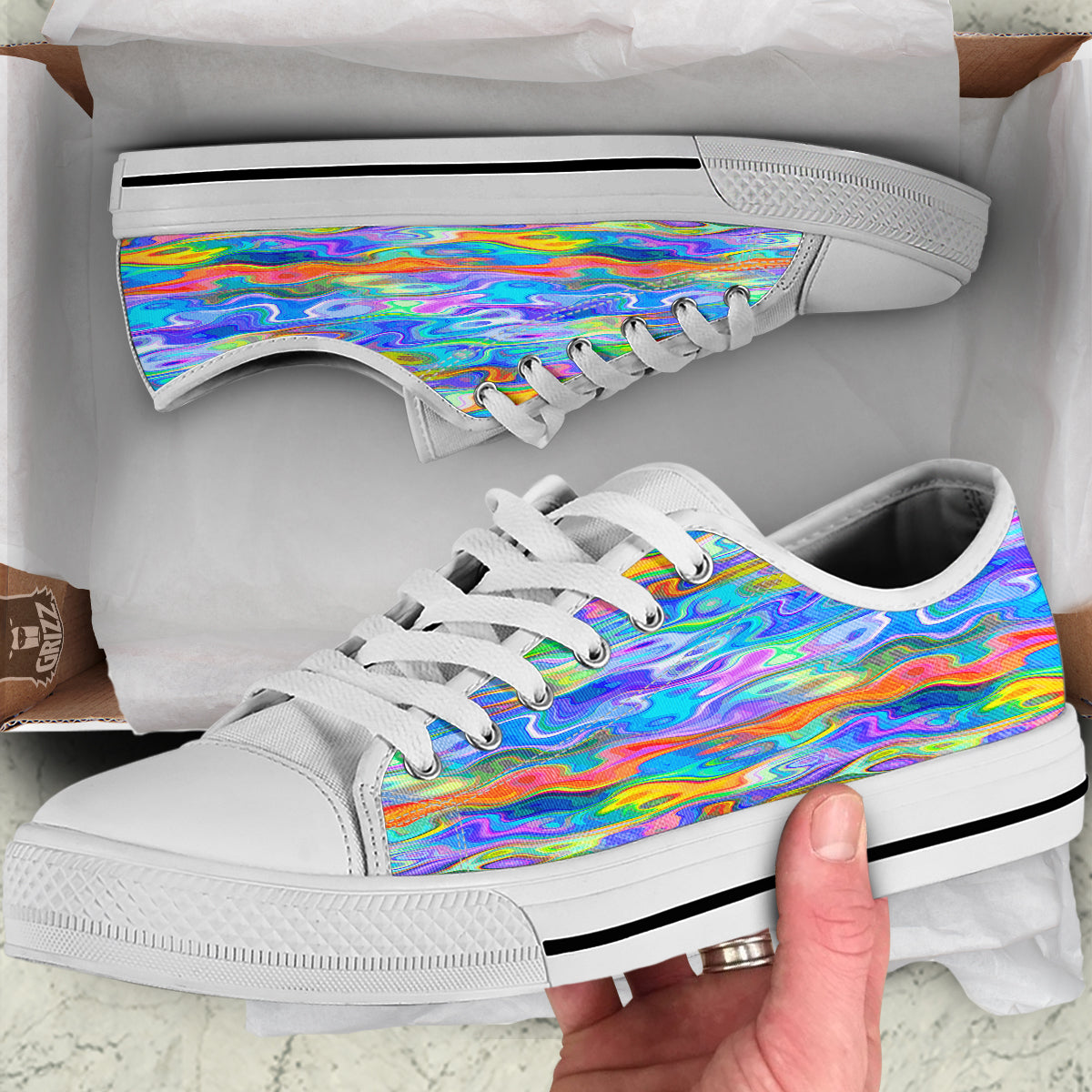 Colorful Tie Dye Wavy Hippie Print White Low Top Shoes-grizzshop