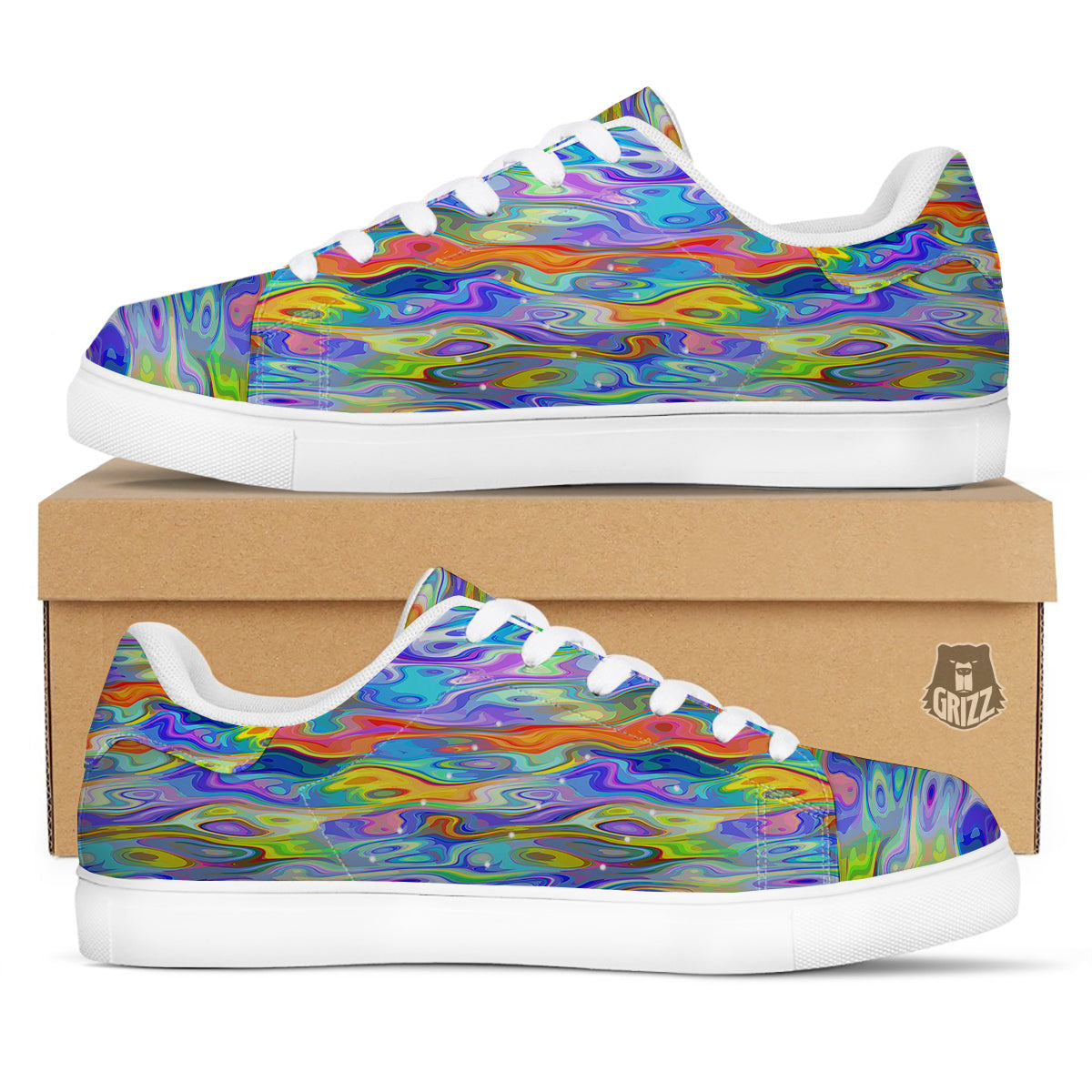 Colorful Tie Dye Wavy Hippie Print White Low Top Sneakers-grizzshop