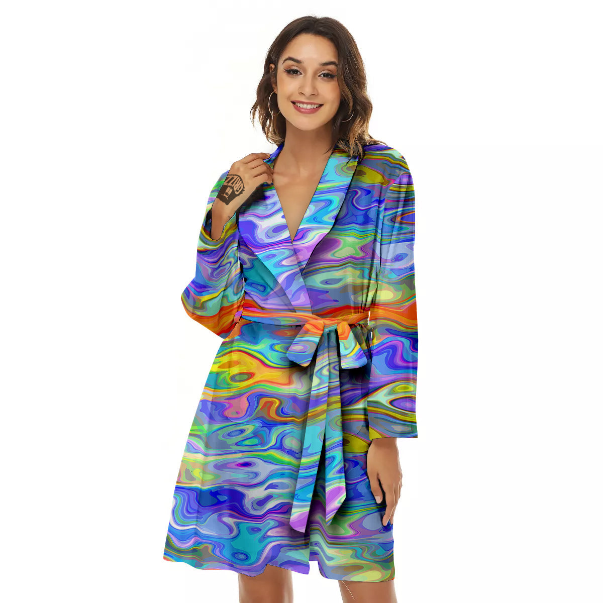 Colorful Tie Dye Wavy Hippie Print Women's Robe-grizzshop