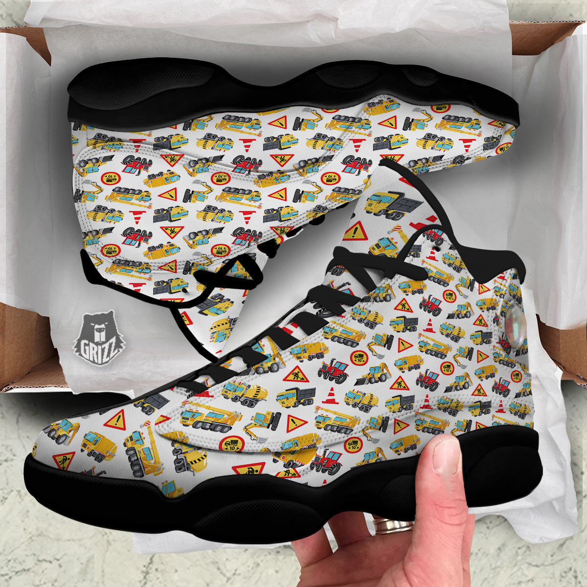 Colorful Toy Trucks And Tractor Print Pattern Black Basketball Shoes-grizzshop