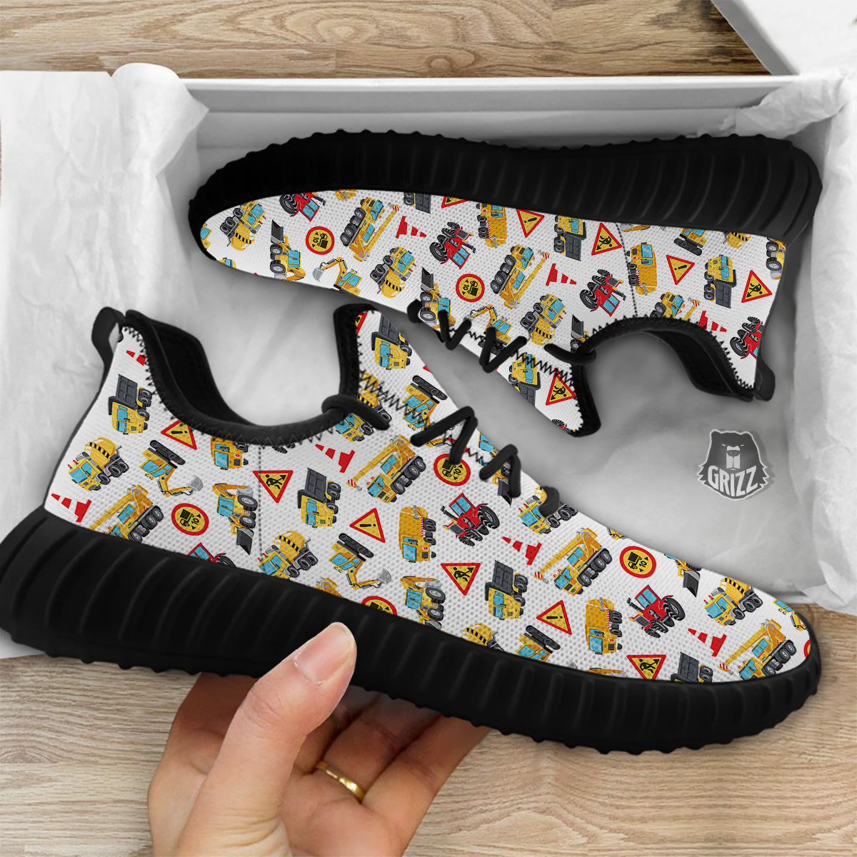 Colorful Toy Trucks And Tractor Print Pattern Black Walking Shoes-grizzshop