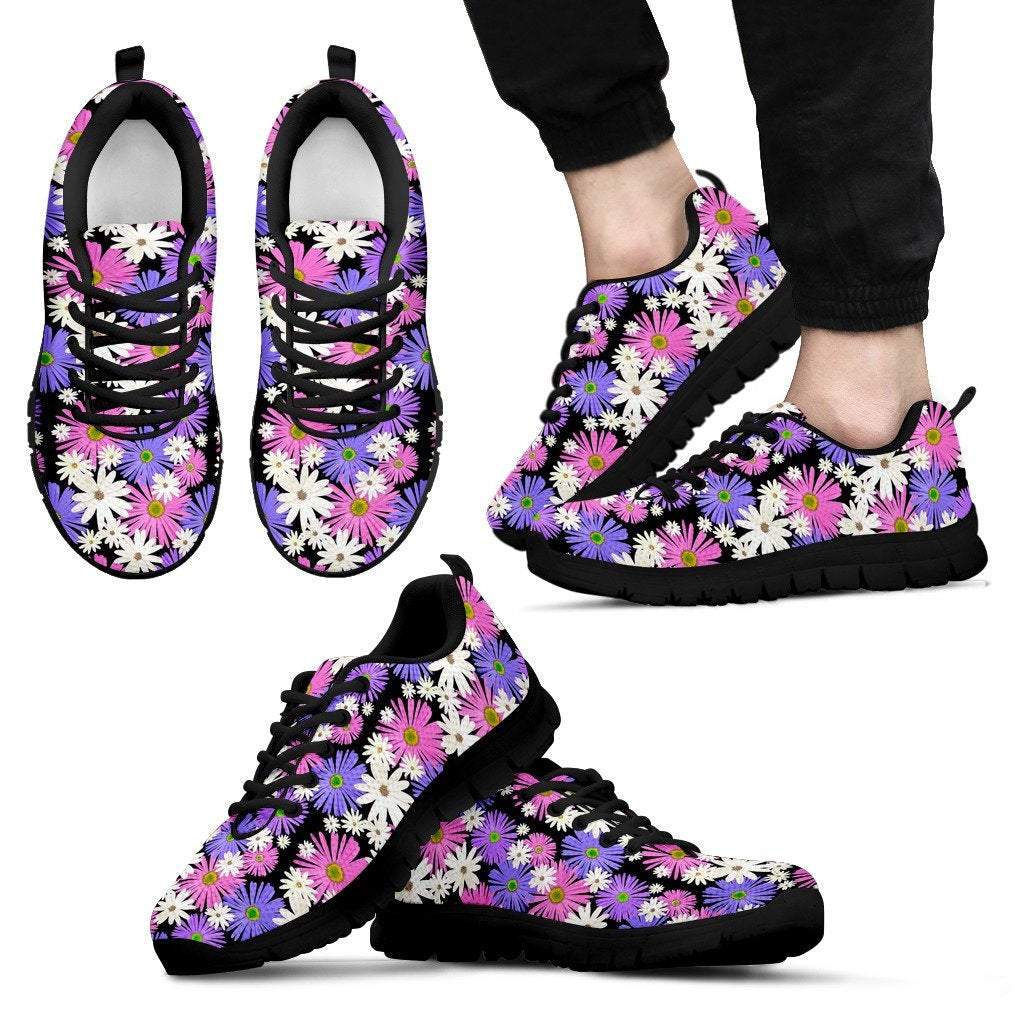 Colorful Daisy Pattern Print Black Sneaker Shoes For Men Women-grizzshop