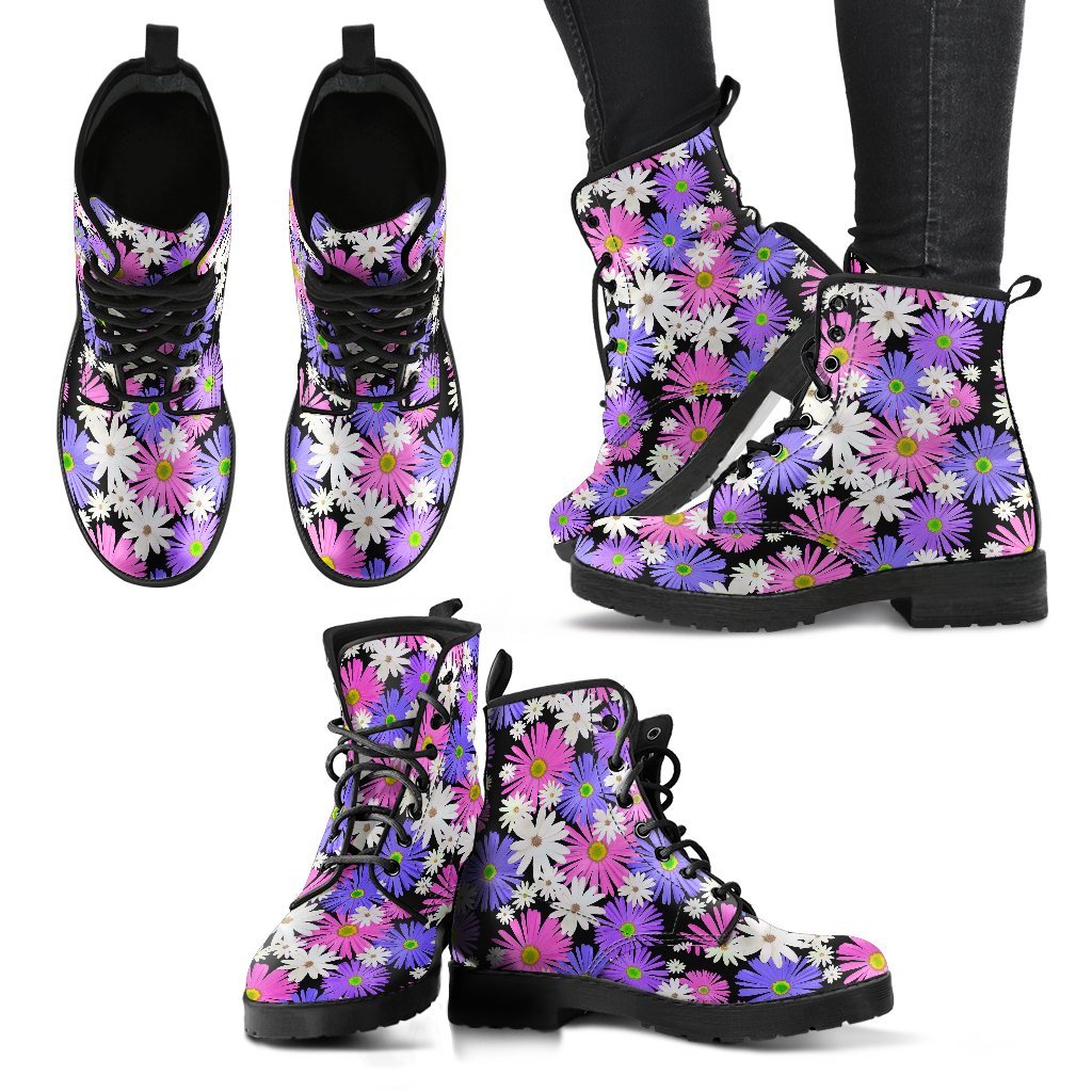 Colorful Daisy Pattern Print Men Women Leather Boots-grizzshop