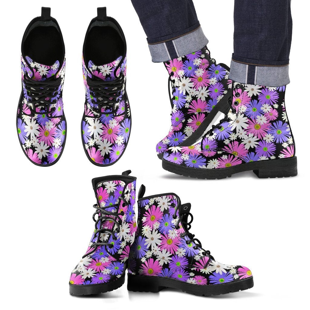 Colorful Daisy Pattern Print Men Women Leather Boots-grizzshop