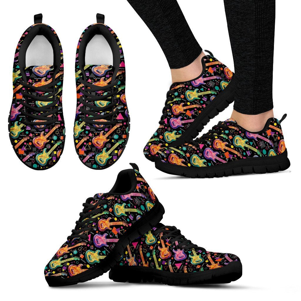 Colorful Electric Guitar Pattern Print Black Sneaker Shoes For Men Women-grizzshop