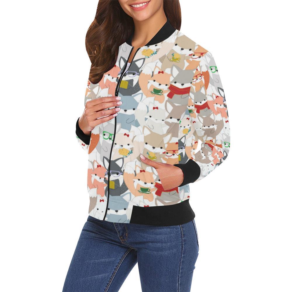 Colorul Fox Pattern Print Women Casual Bomber Jacket-grizzshop