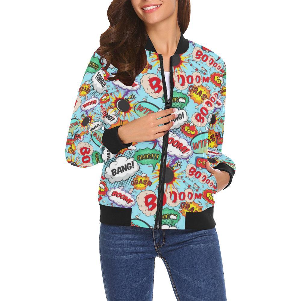 Comic Book Strip Pattern Print Women Casual Bomber Jacket-grizzshop