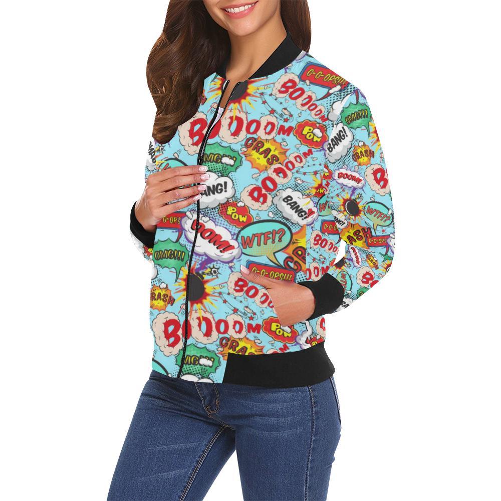 Comic Book Strip Pattern Print Women Casual Bomber Jacket-grizzshop