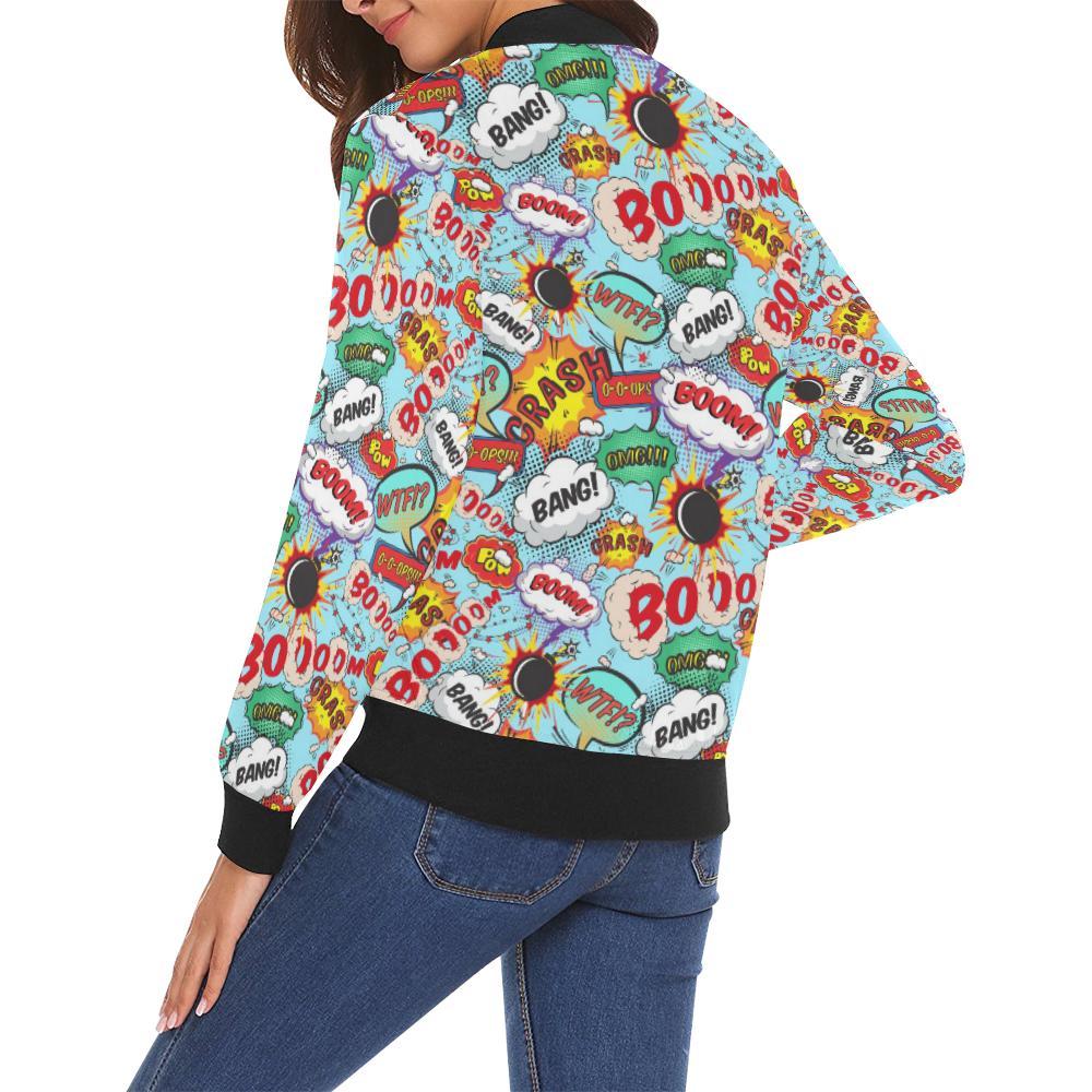 Comic Book Strip Pattern Print Women Casual Bomber Jacket-grizzshop