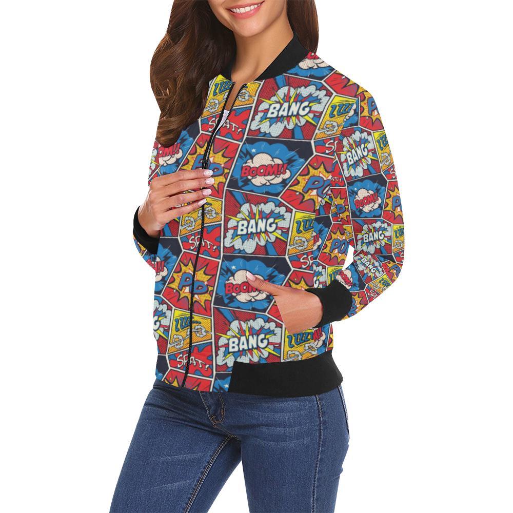 Comic Strip Book Pattern Print Women Casual Bomber Jacket-grizzshop