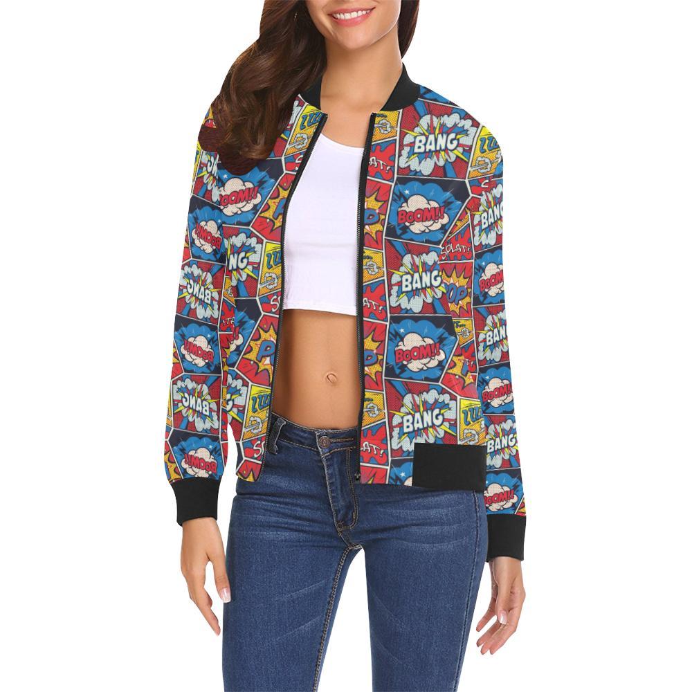 Comic Strip Book Pattern Print Women Casual Bomber Jacket-grizzshop