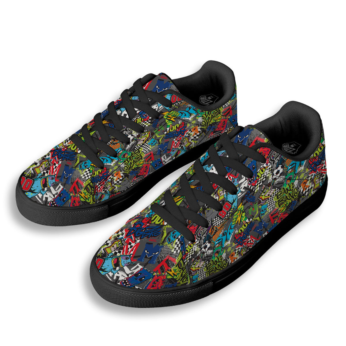 Comics Monsters Graffiti Print Pattern Black Low Top Sneakers-grizzshop