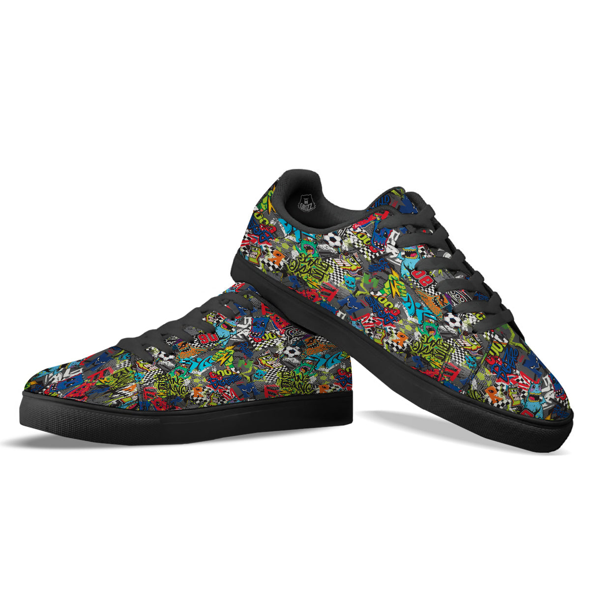 Comics Monsters Graffiti Print Pattern Black Low Top Sneakers-grizzshop