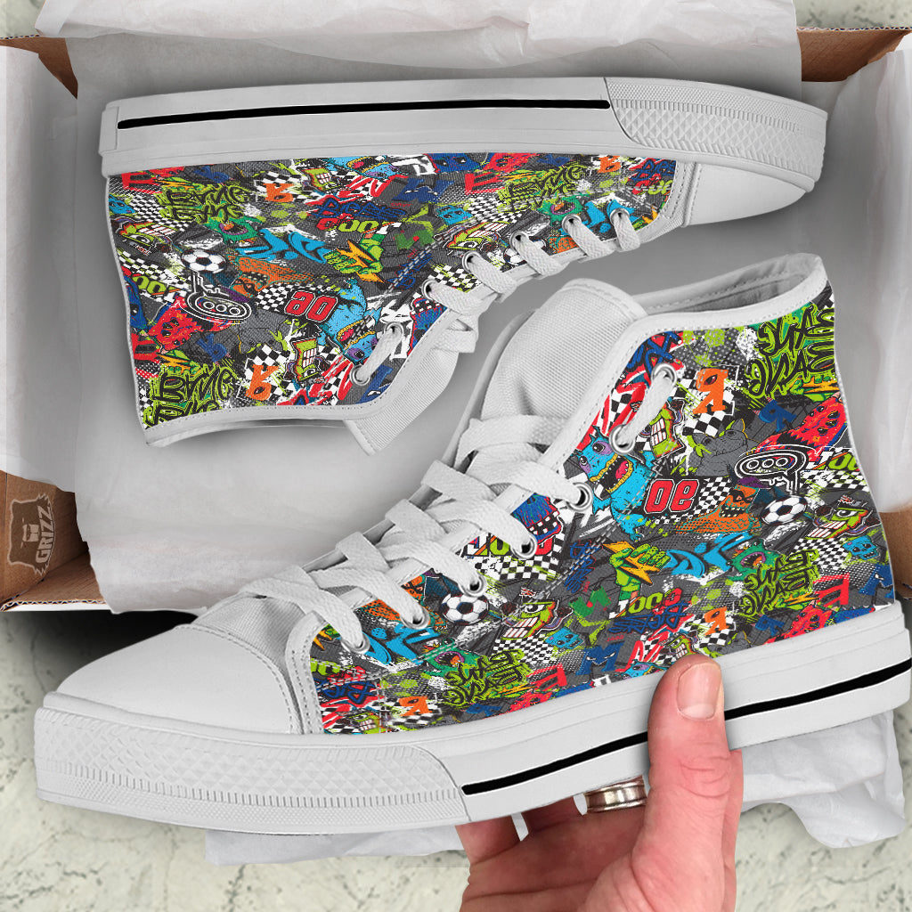 Comics Monsters Graffiti Print Pattern White High Top Shoes-grizzshop