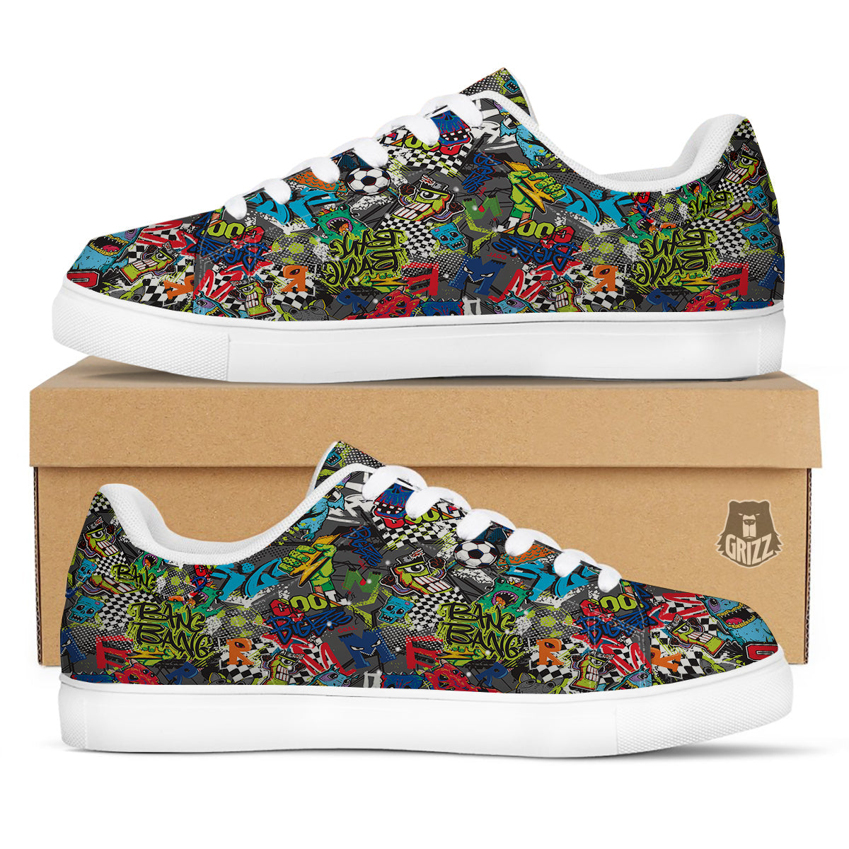 Comics Monsters Graffiti Print Pattern White Low Top Sneakers-grizzshop