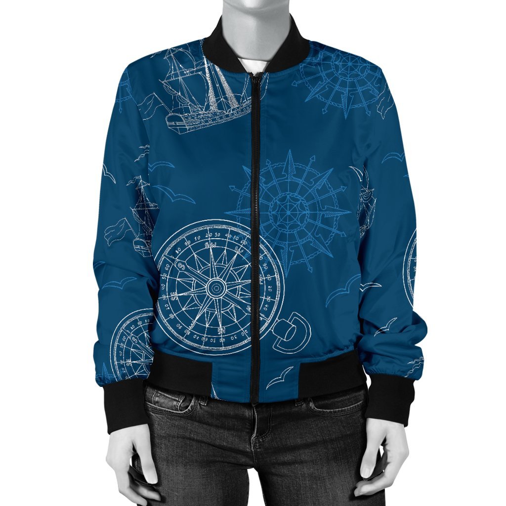 Compass Direction Pattern Print Women Casual Bomber Jacket-grizzshop