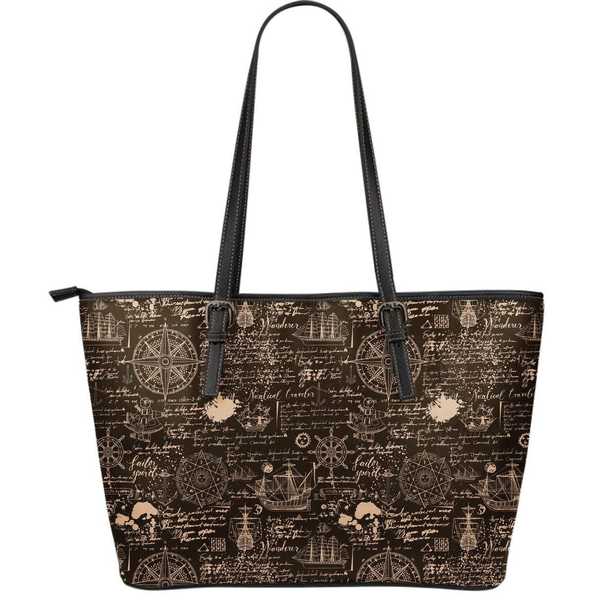 Compass Map Pattern Print Leather Tote Bag-grizzshop