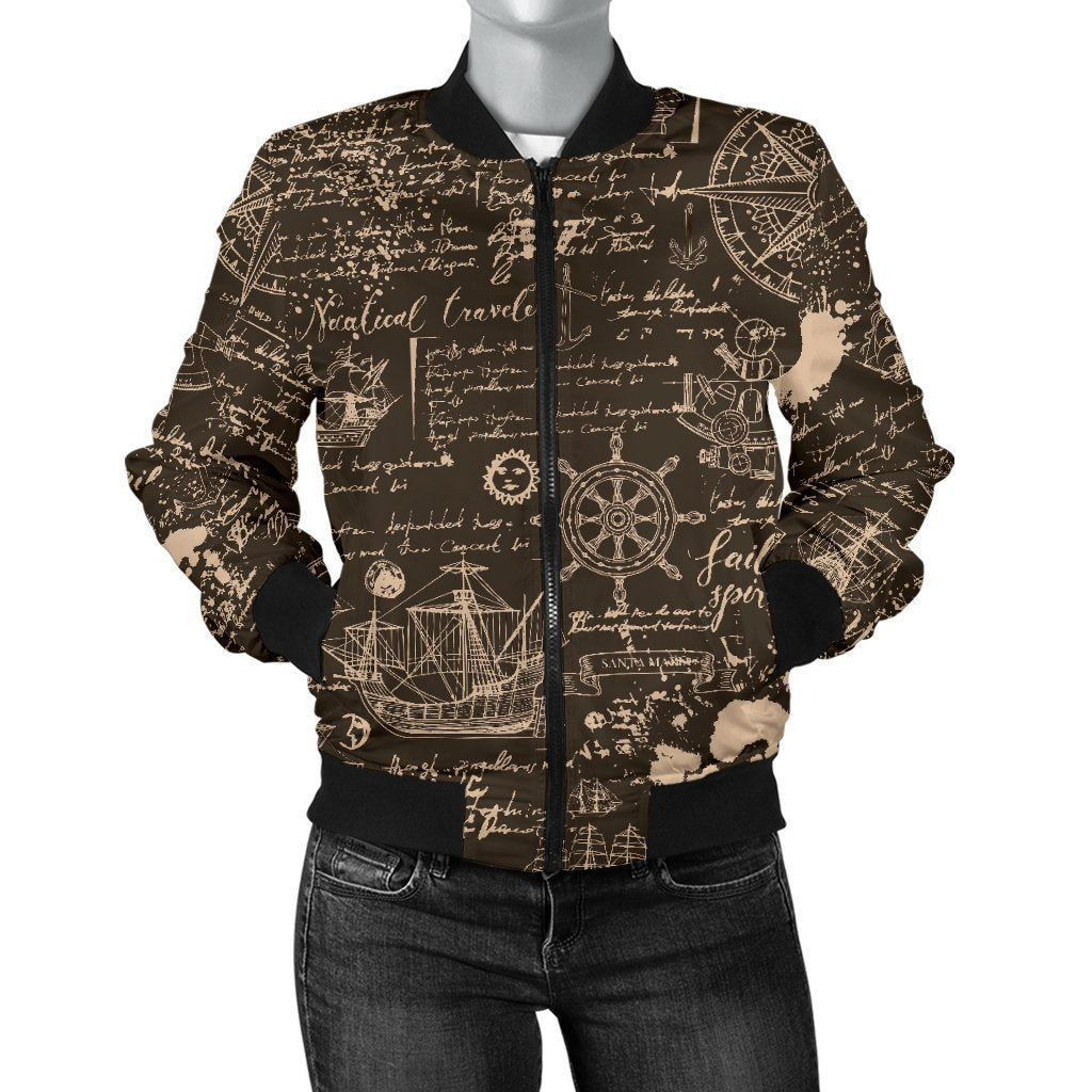 Compass Map Pattern Print Women Casual Bomber Jacket-grizzshop
