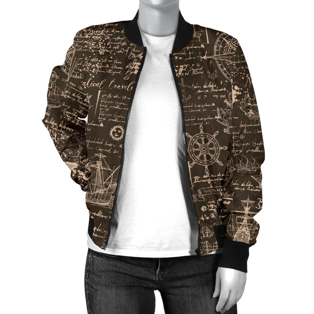 Compass Map Pattern Print Women Casual Bomber Jacket-grizzshop