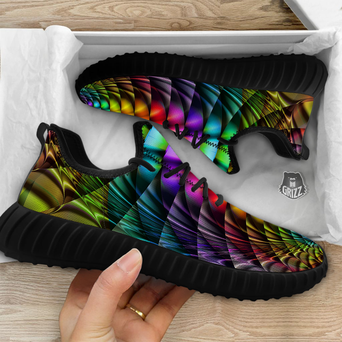 Computer Generated Colorful Fractal Print Black Walking Shoes-grizzshop