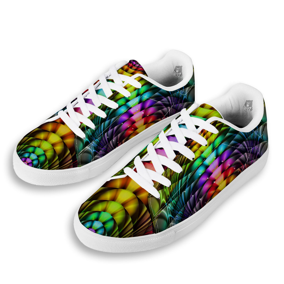 Computer Generated Colorful Fractal Print White Low Top Sneakers-grizzshop