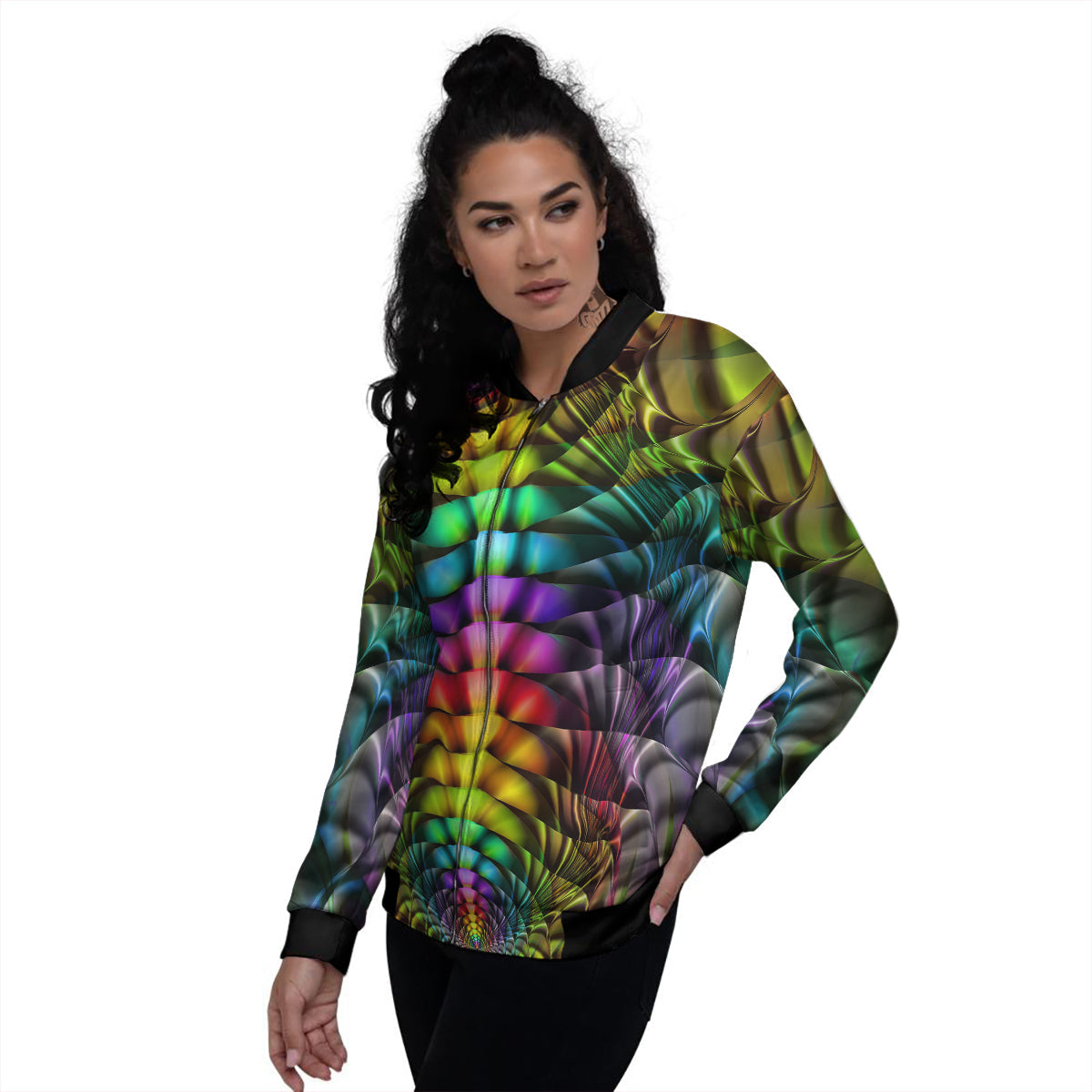 Computer Generated Colorful Fractal Print Women's Bomber Jacket-grizzshop