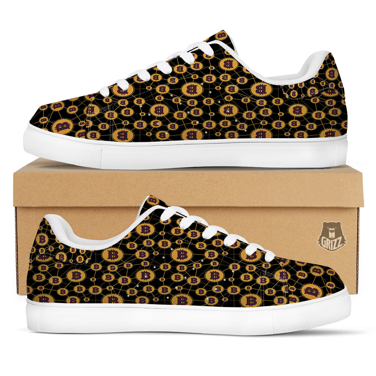 Connection Bitcoin Print Pattern White Low Top Sneakers-grizzshop