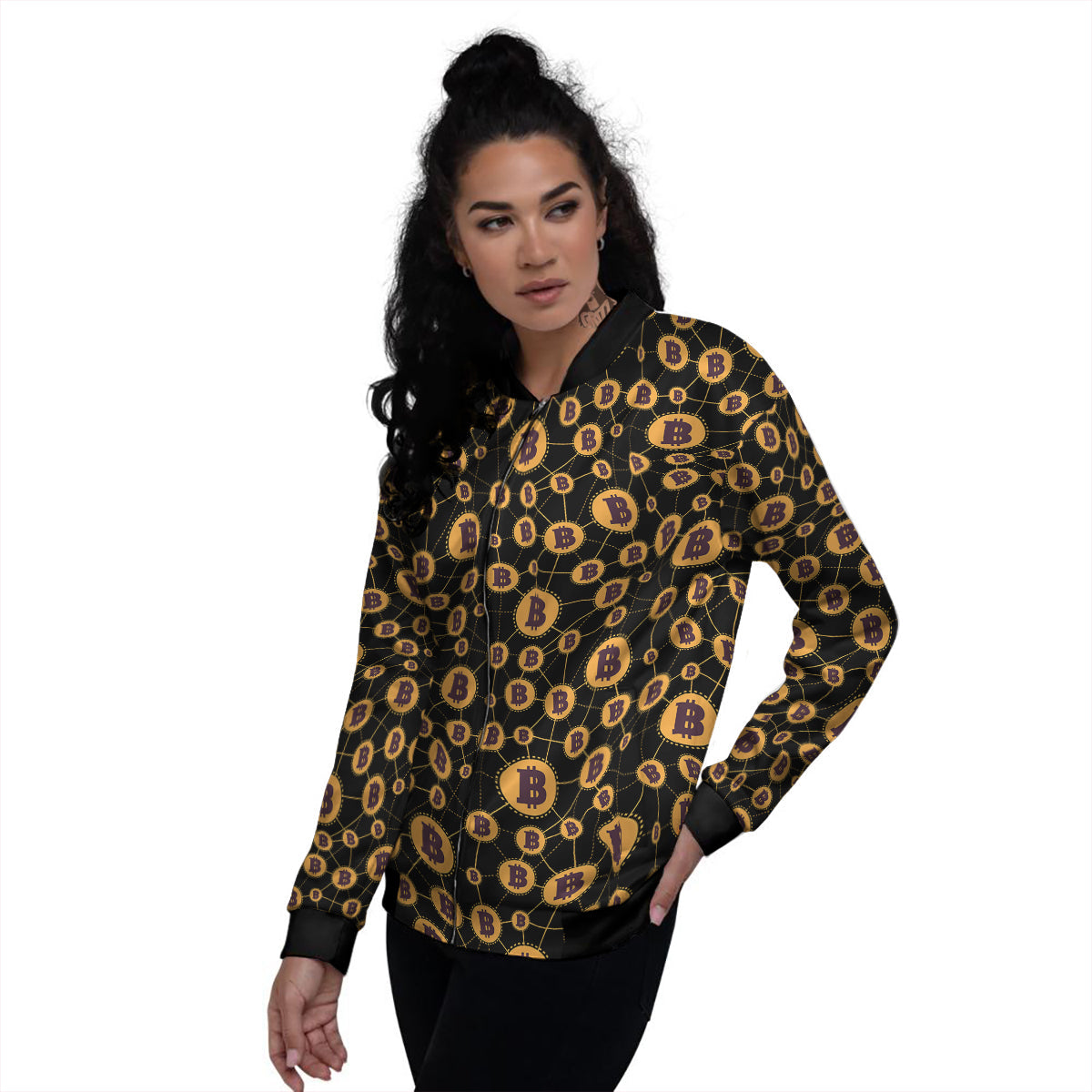 Connection Bitcoin Print Pattern Women's Bomber Jacket-grizzshop