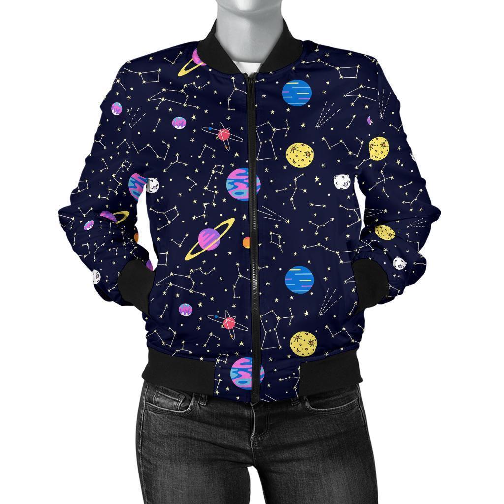 Constellation Planet Print Pattern Women Casual Bomber Jacket-grizzshop