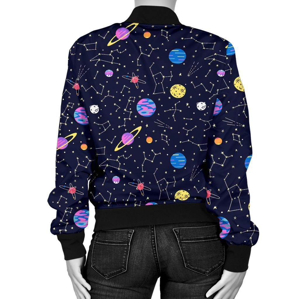 Constellation Planet Print Pattern Women Casual Bomber Jacket-grizzshop