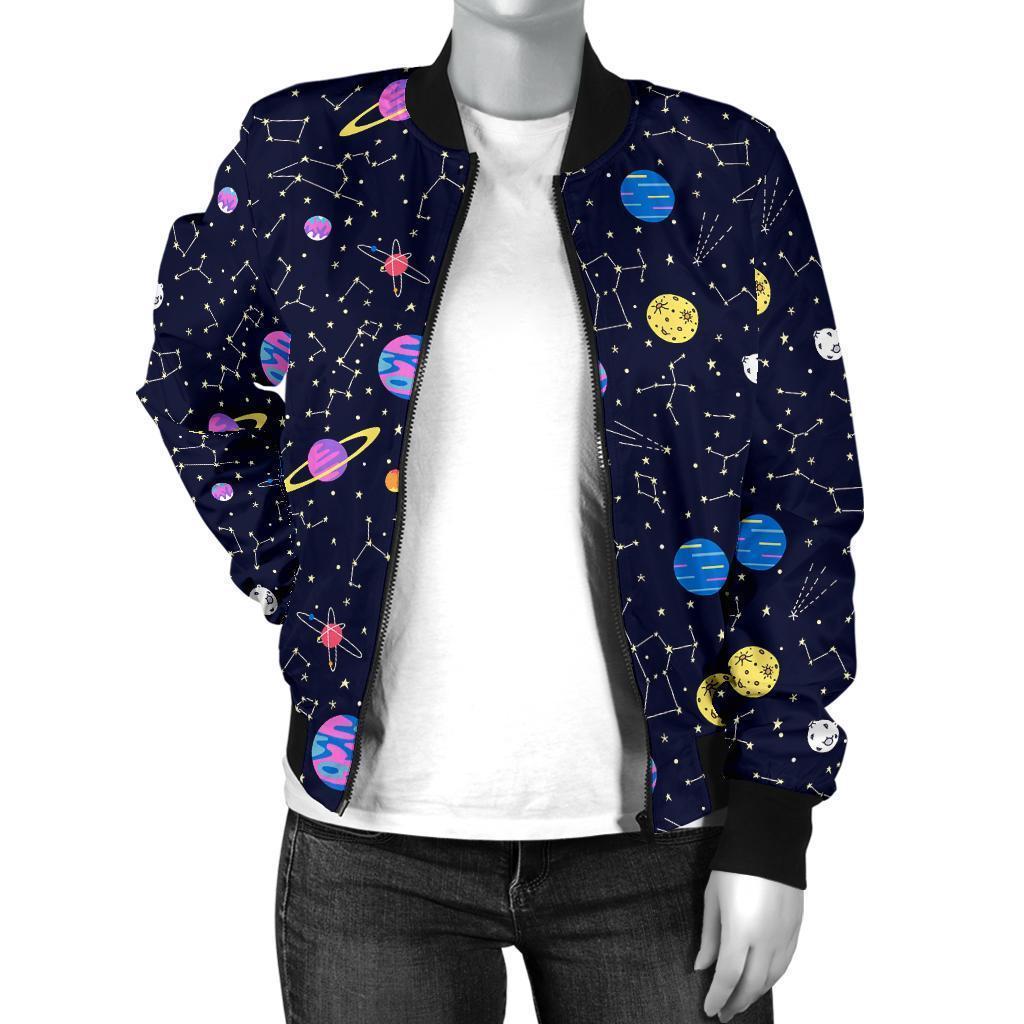 Constellation Planet Print Pattern Women Casual Bomber Jacket-grizzshop