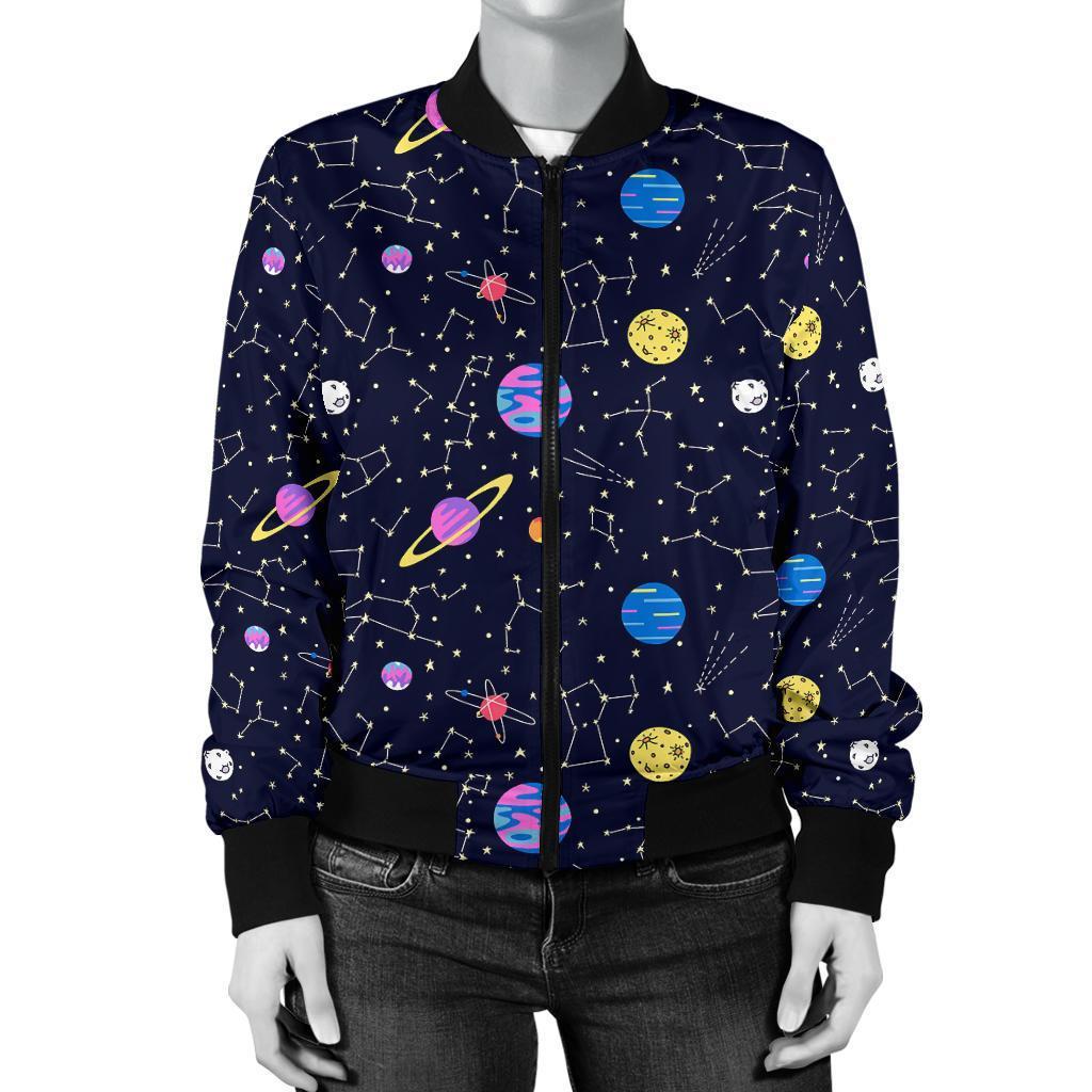 Constellation Planet Print Pattern Women Casual Bomber Jacket-grizzshop
