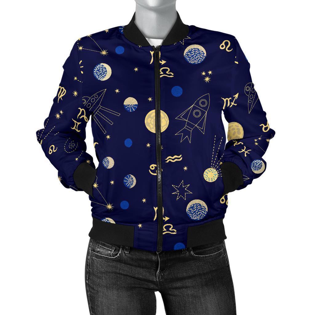 Constellation Print Pattern Women Casual Bomber Jacket-grizzshop