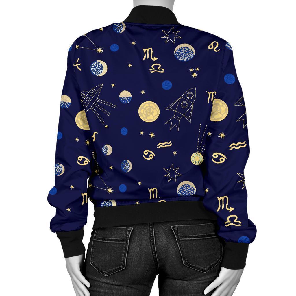 Constellation Print Pattern Women Casual Bomber Jacket-grizzshop