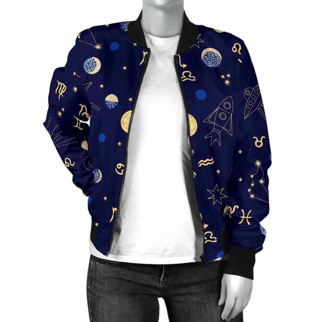 Constellation Print Pattern Women Casual Bomber Jacket-grizzshop