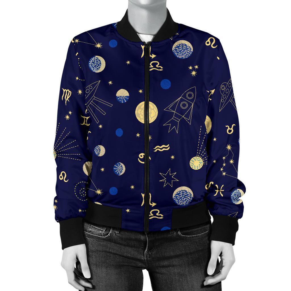 Constellation Print Pattern Women Casual Bomber Jacket-grizzshop