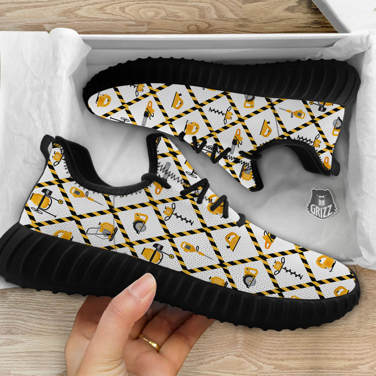 Construction Equipment Yellow Print Pattern Black Walking Shoes-grizzshop