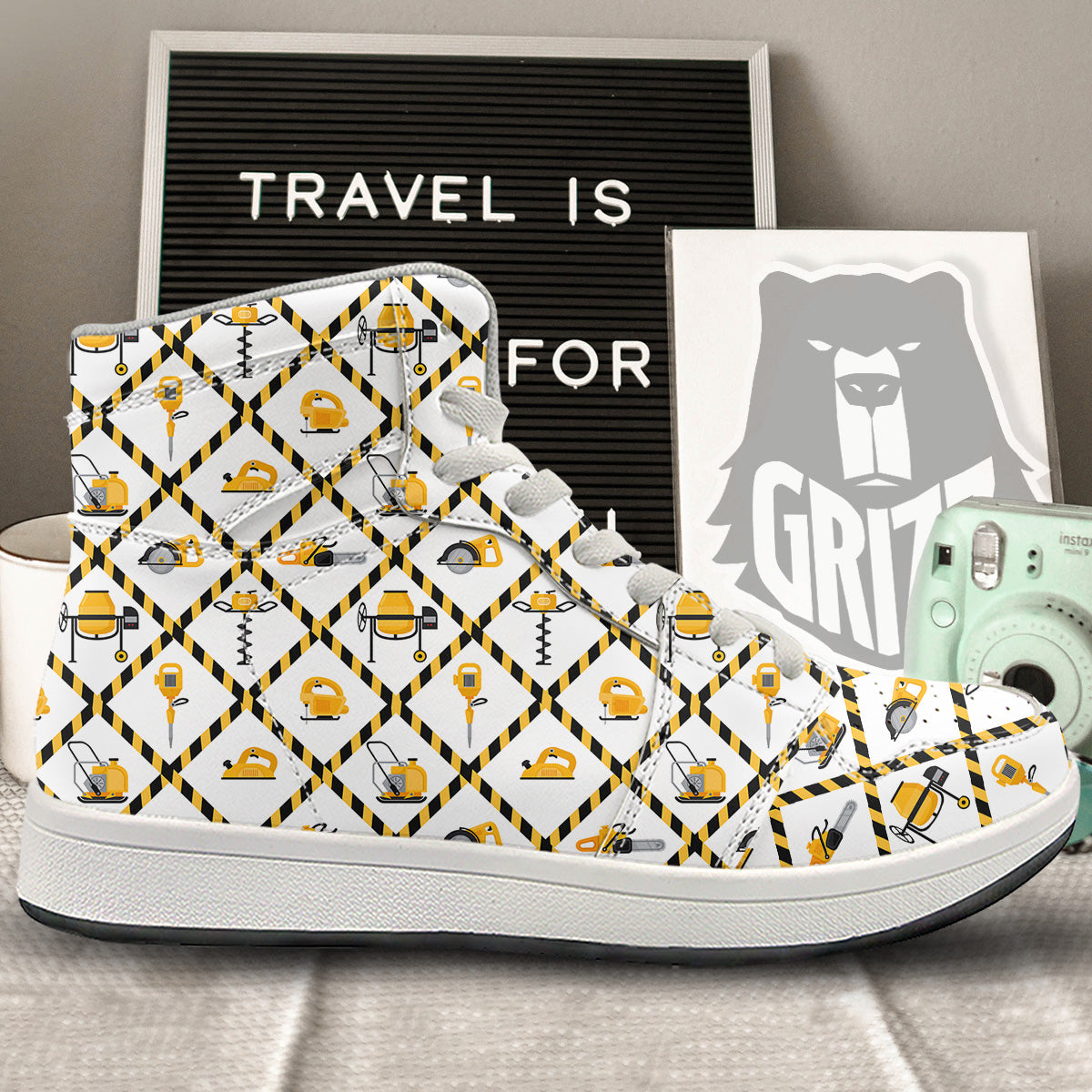 Construction Equipment Yellow Print Pattern High Top Sneakers-grizzshop