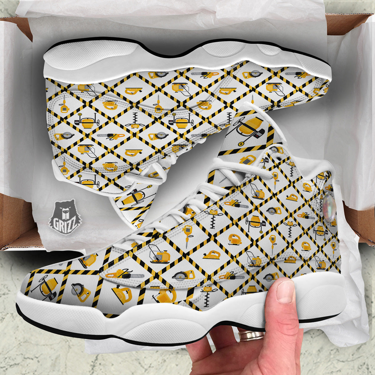 Construction Equipment Yellow Print Pattern White Basketball Shoes-grizzshop